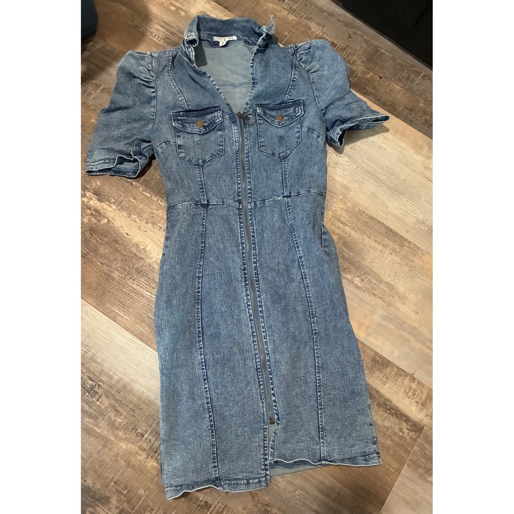 Story On Denim Mini Dress Medium Wash Puff Sleeve Zip Front Blue Size M